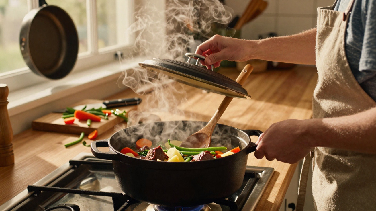 Pessoa a cozinhar guisado com legumes numa panela a lume numa cozinha iluminada.