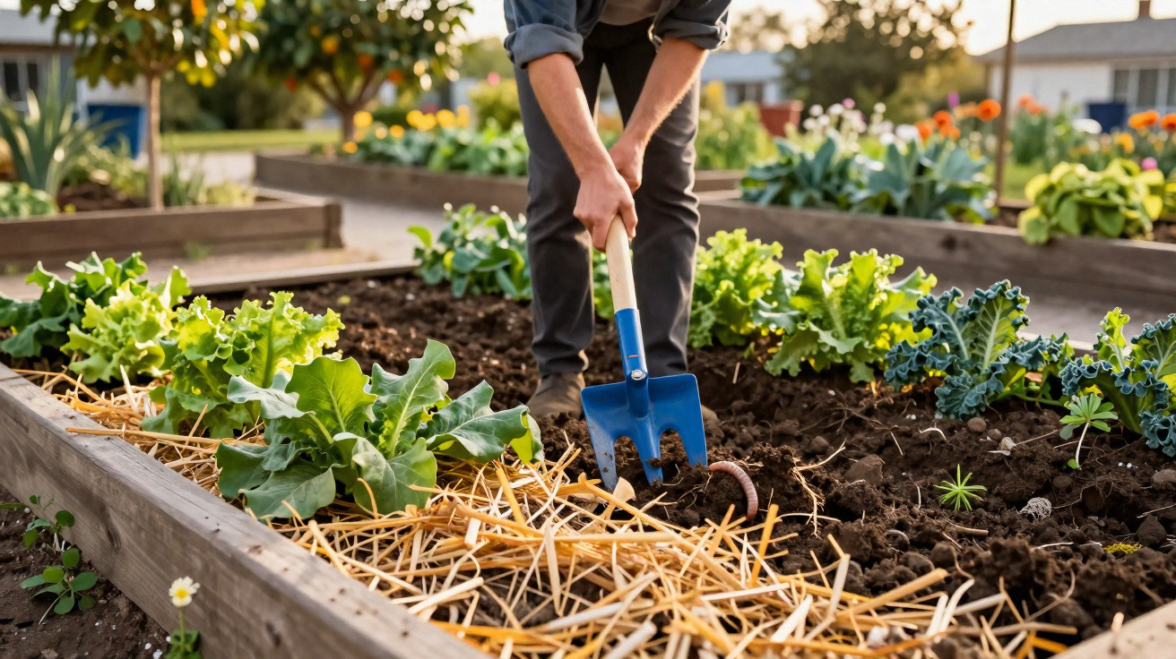 Pessoa a cultivar legumes em canteiro de madeira usando enxada azul numa horta ensolarada.