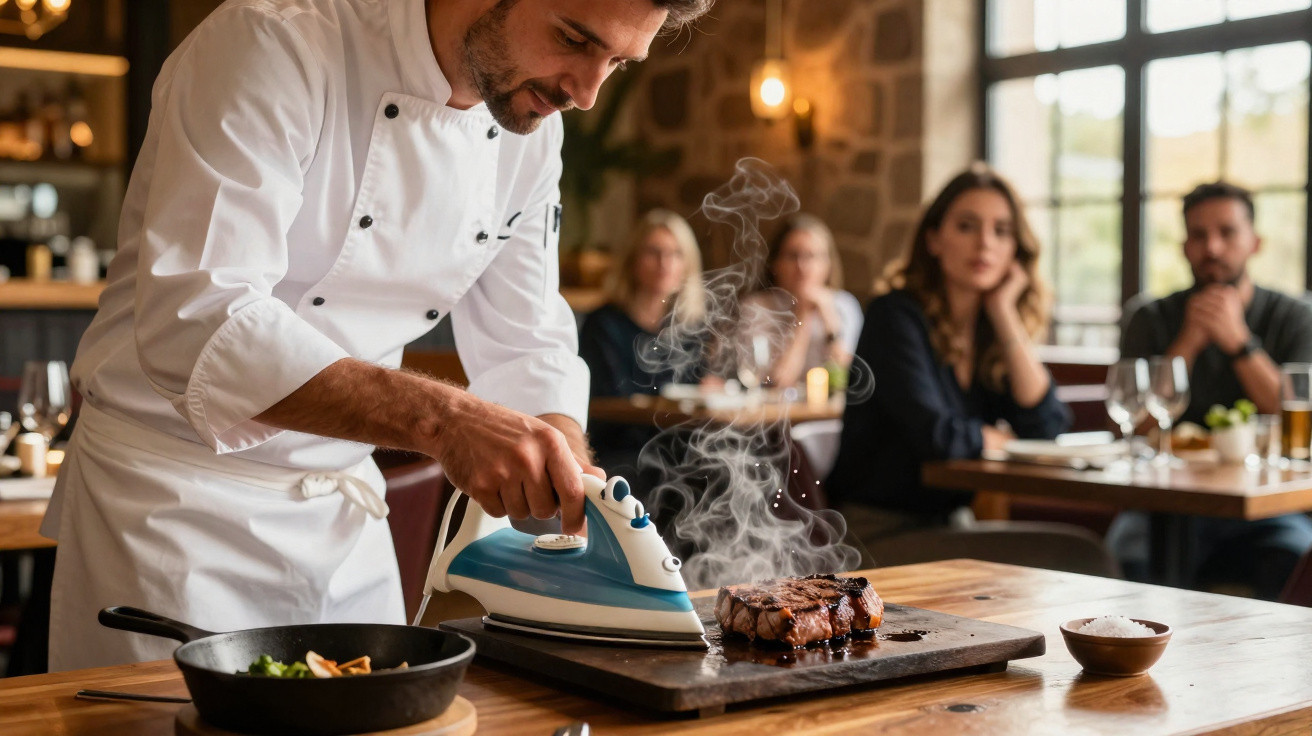 Chef a usar ferro de engomar para preparar carne fumegante numa tábua de madeira num restaurante.