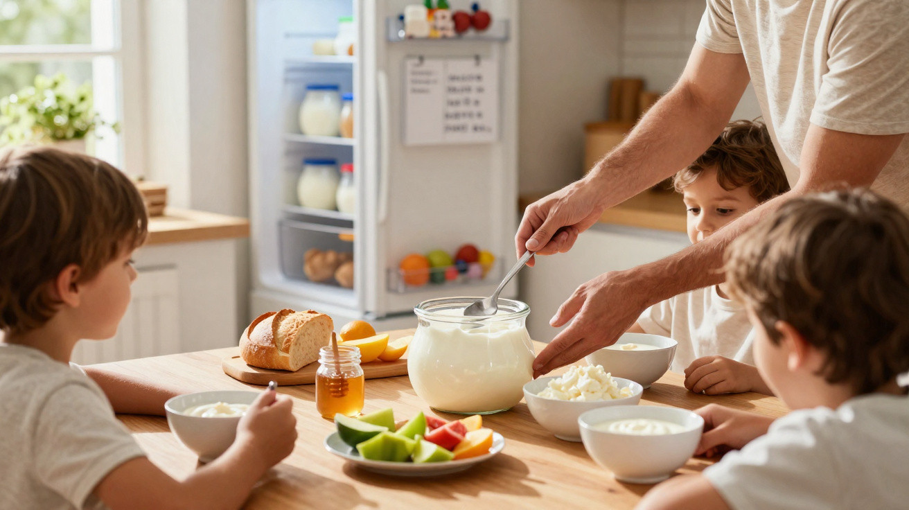 Pai a servir iogurte a três crianças sentadas à mesa com frutas, pão e mel num ambiente luminoso.