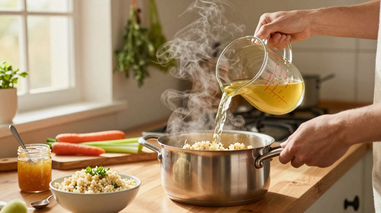 Pessoa a verter caldo quente para uma panela com cereal cozido numa cozinha iluminada.