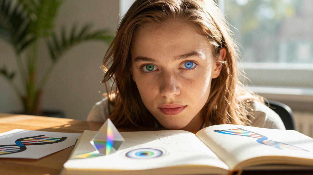 Jovem com olhos de cores diferentes sentada numa mesa com livros abertos e gráficos de ADN, luz natural.