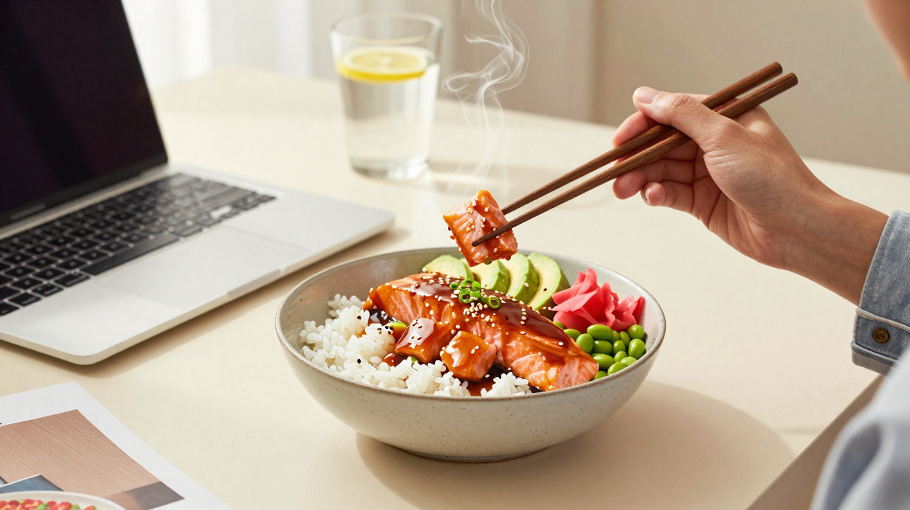 Pessoa a comer poke de salmão com arroz, abacate, edamame e gengibre à frente de um computador portátil.