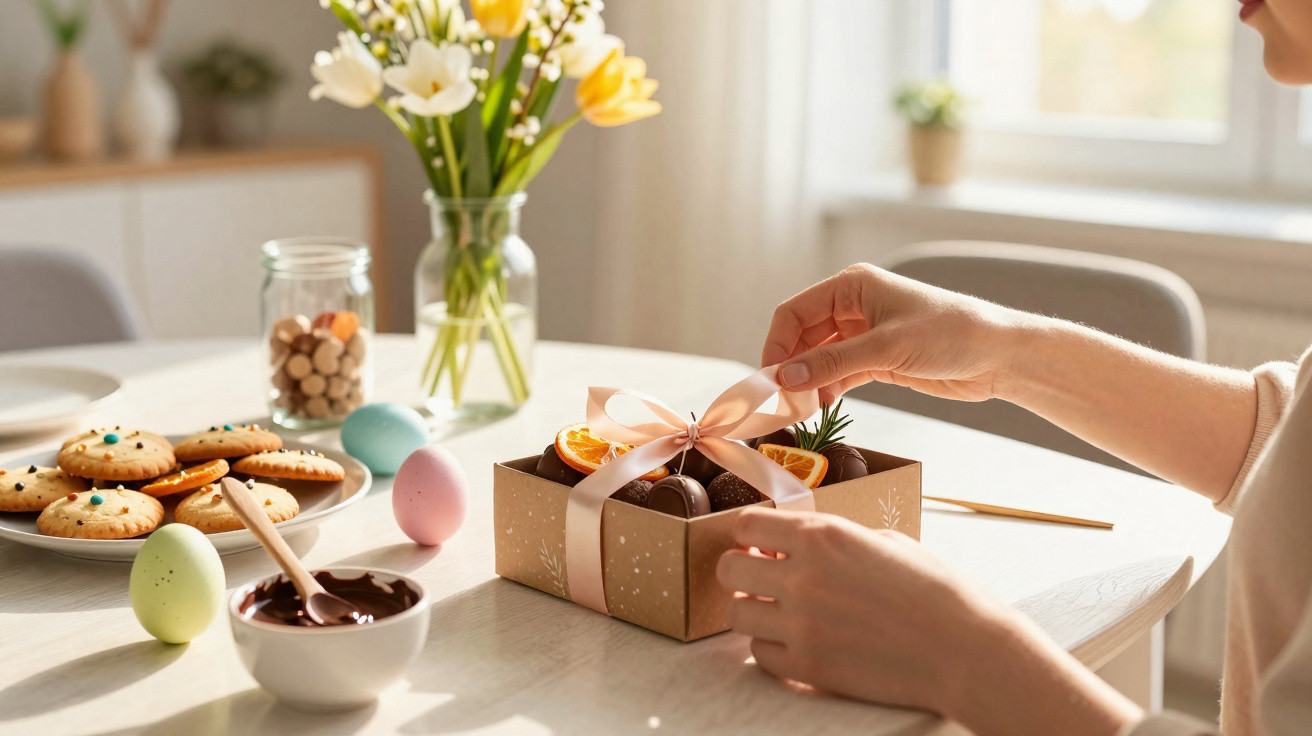 Pessoa a desembrulhar caixa de chocolates numa mesa com flores, ovos decorativos e bolachas.