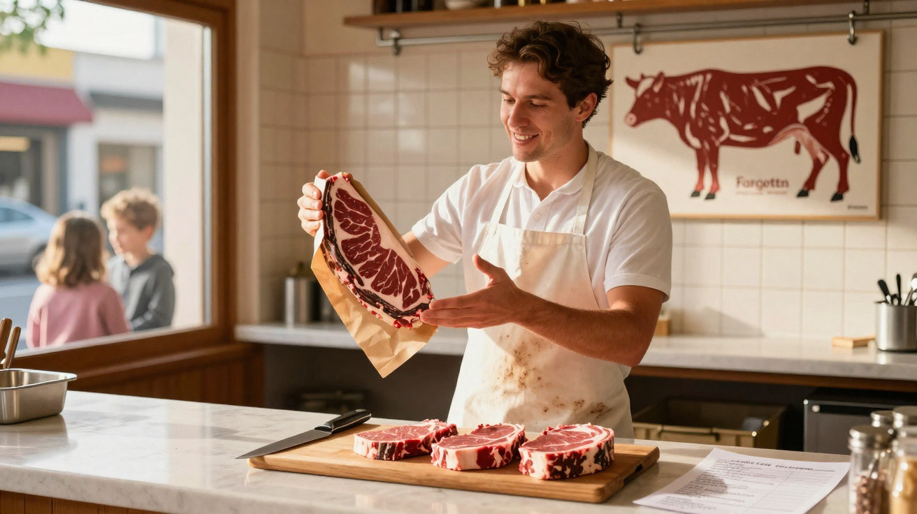 Homem com avental a mostrar peça de carne numa talho moderna, com crianças na janela ao fundo.