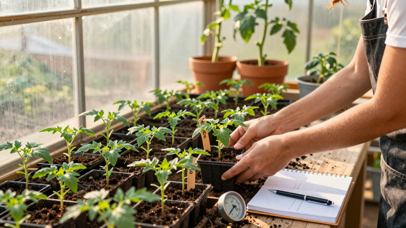 Pessoa a cuidar de plantas jovens em vasos com registo e termómetro numa estufa iluminada.