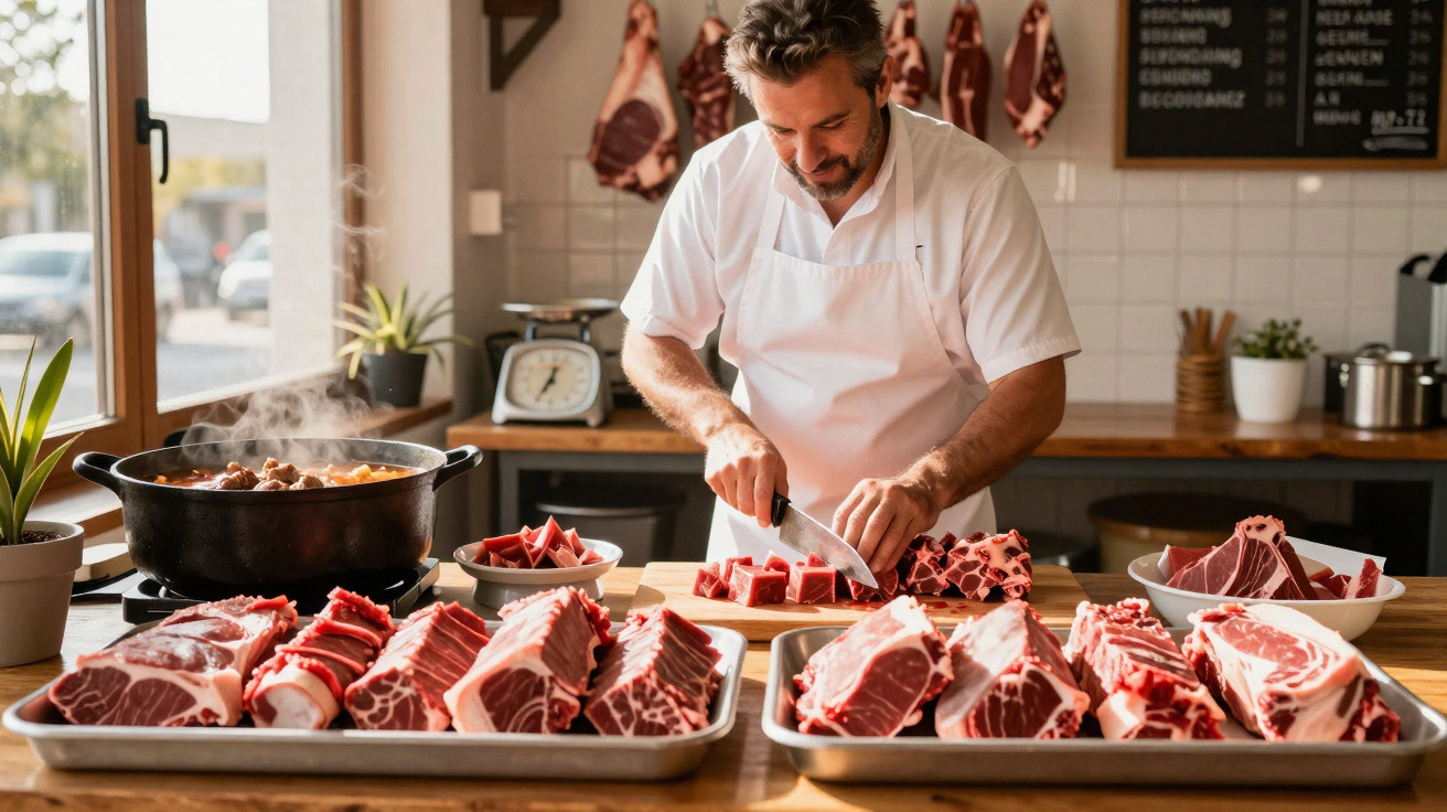 Talhante a cortar carne vermelha em cubos numa cozinha com várias peças de carne expostas à sua frente.