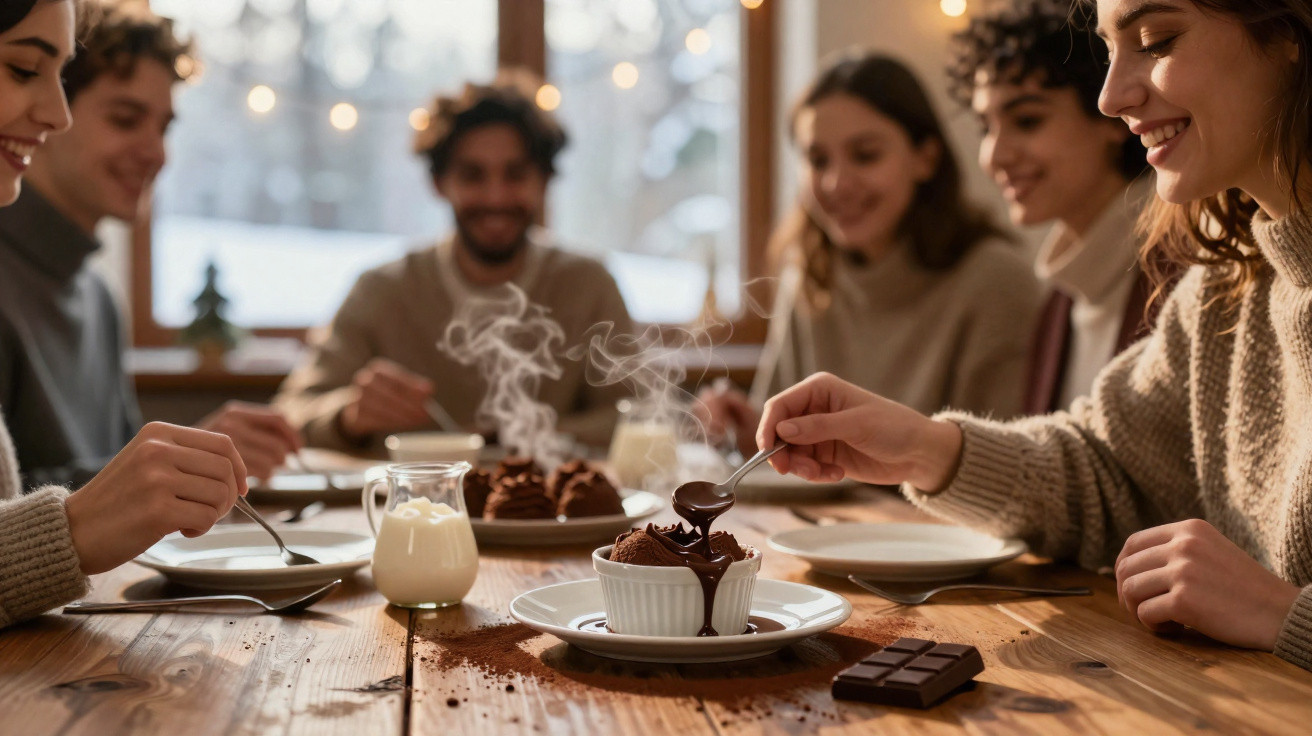 Grupo de amigos a partilhar sobremesas de chocolate com bebidas num ambiente acolhedor e descontraído.