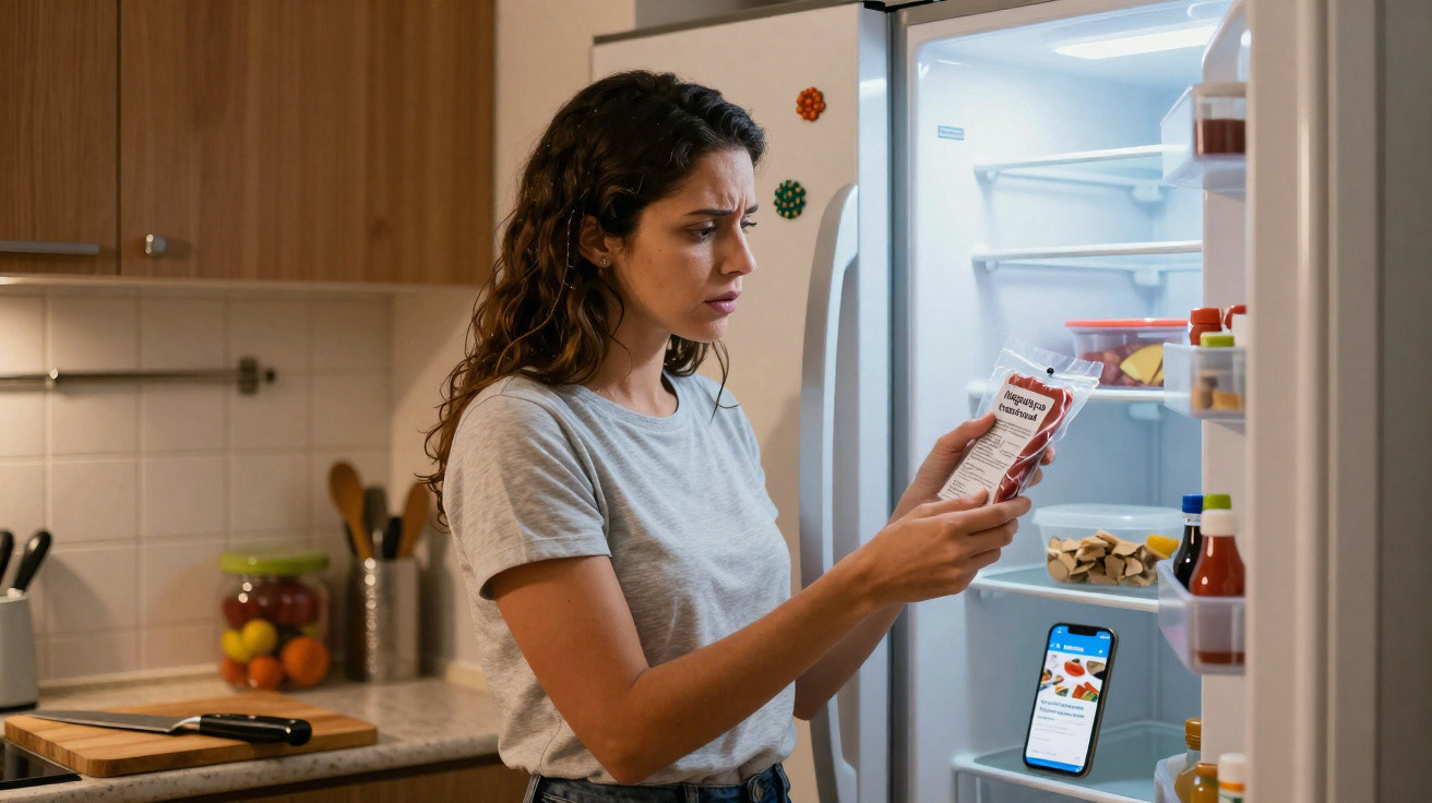 Mulher a ler rótulo de alimento junto ao frigorífico aberto na cozinha moderna.
