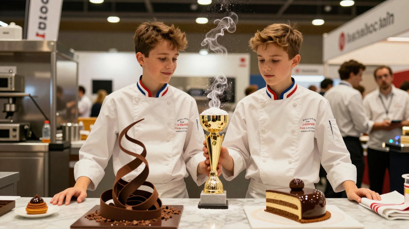 Dois jovens pasteleiros com uniformes brancos seguram um troféu dourado rodeados por sobremesas de chocolate.
