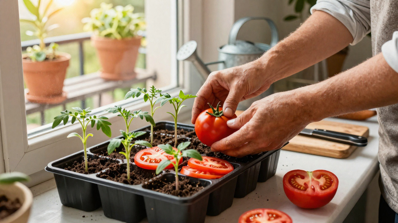 Mãos a plantar muda de tomate num tabuleiro com terra junto a uma janela iluminada, com tomates fatiados ao lado.