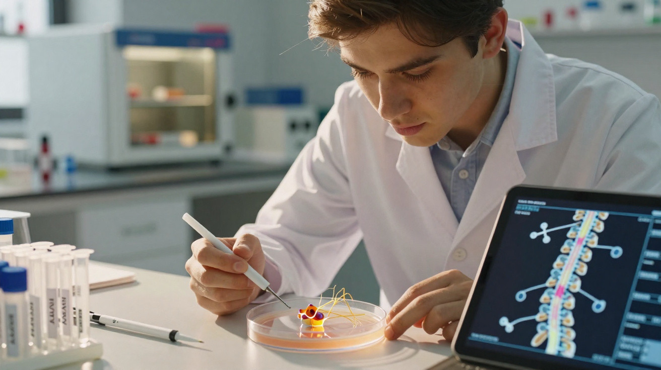 Cientista em bata branca analisa e manipula modelo de neurónios numa placa de Petri num laboratório.