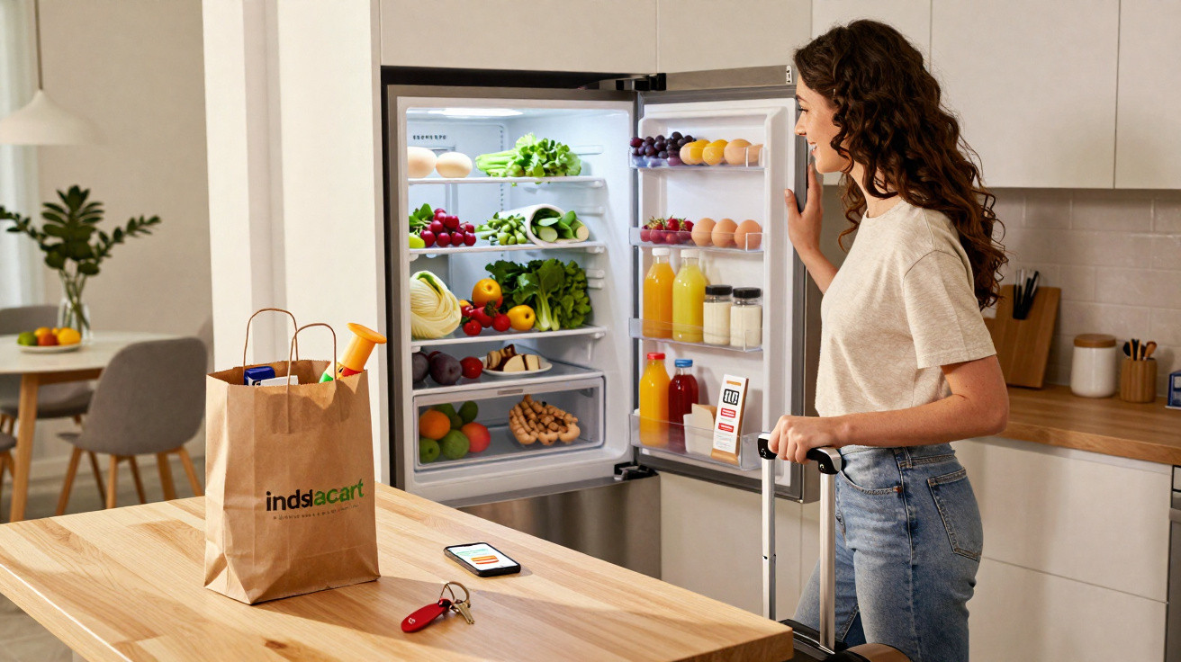 Mulher jovem abre frigorífico cheio de frutas, legumes e bebidas numa cozinha moderna.