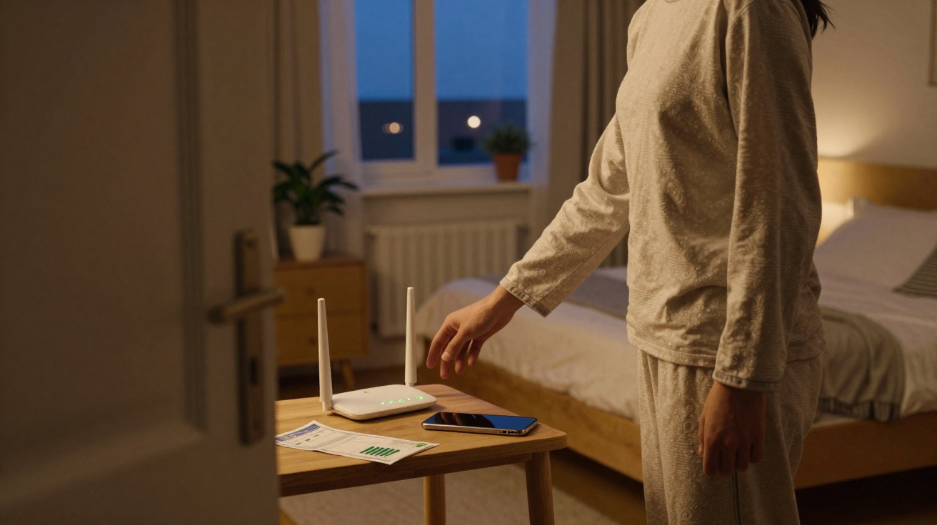 Pessoa em pijama ajusta router Wi-Fi numa mesa de quarto à noite com smartphone e conta de internet.