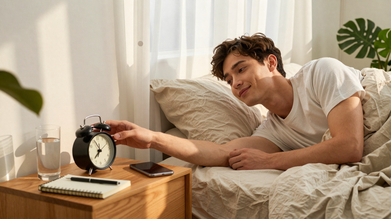 Homem acorda na cama estendendo a mão para desligar despertador numa mesa de cabeceira.