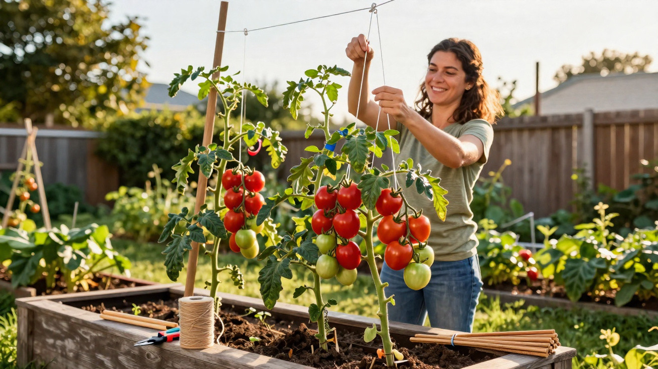 Mulher sorridente a cuidar de tomateiras com tomates maduros num canteiro elevado no jardim.