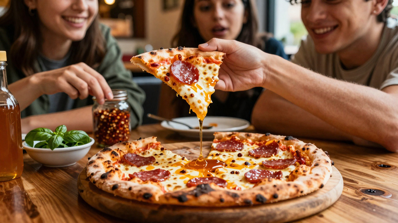 Pessoa a pegar fatia de pizza com queijo derretido e pepperoni, três pessoas felizes ao fundo.
