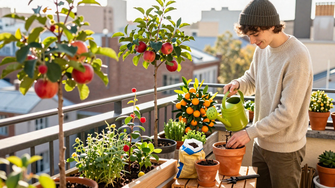 Jovem a regar plantas e árvores frutíferas numa varanda com vasos e sacos de terra, em dia soalheiro.