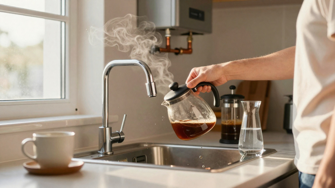 Pessoa a deitar café quente de cafeteira de vidro numa pia de cozinha com chávena e garrafa de água ao lado.