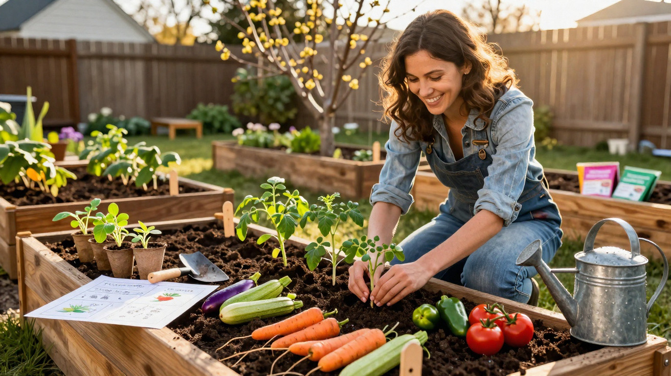 Mulher a cultivar legumes numa horta urbana com cenouras, tomate, curgete e regador ao lado.