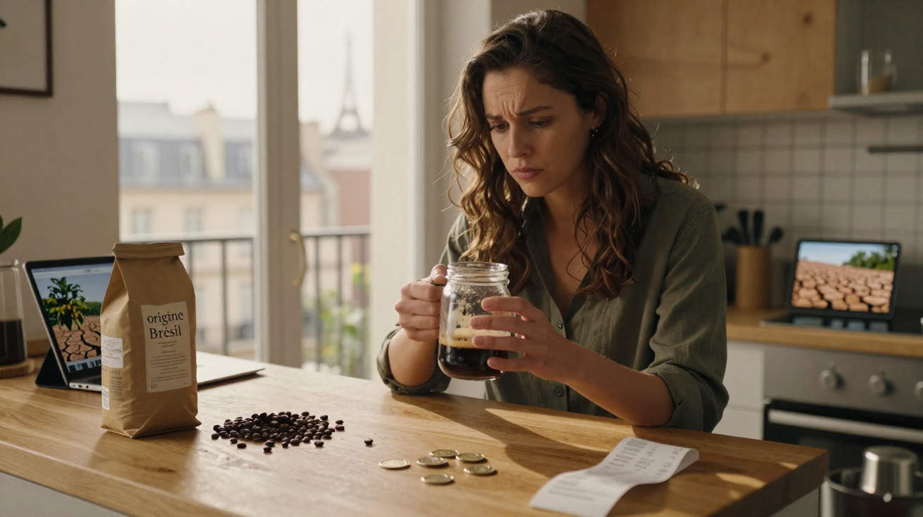 Mulher com expressão preocupada a olhar um copo de café sentada numa cozinha, com moedas e cafeína na mesa.