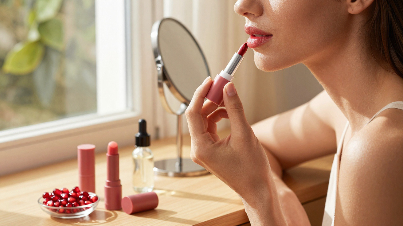 Mulher a aplicar batom rosa sentado junto a janela com espelho e produtos de beleza na mesa de madeira.
