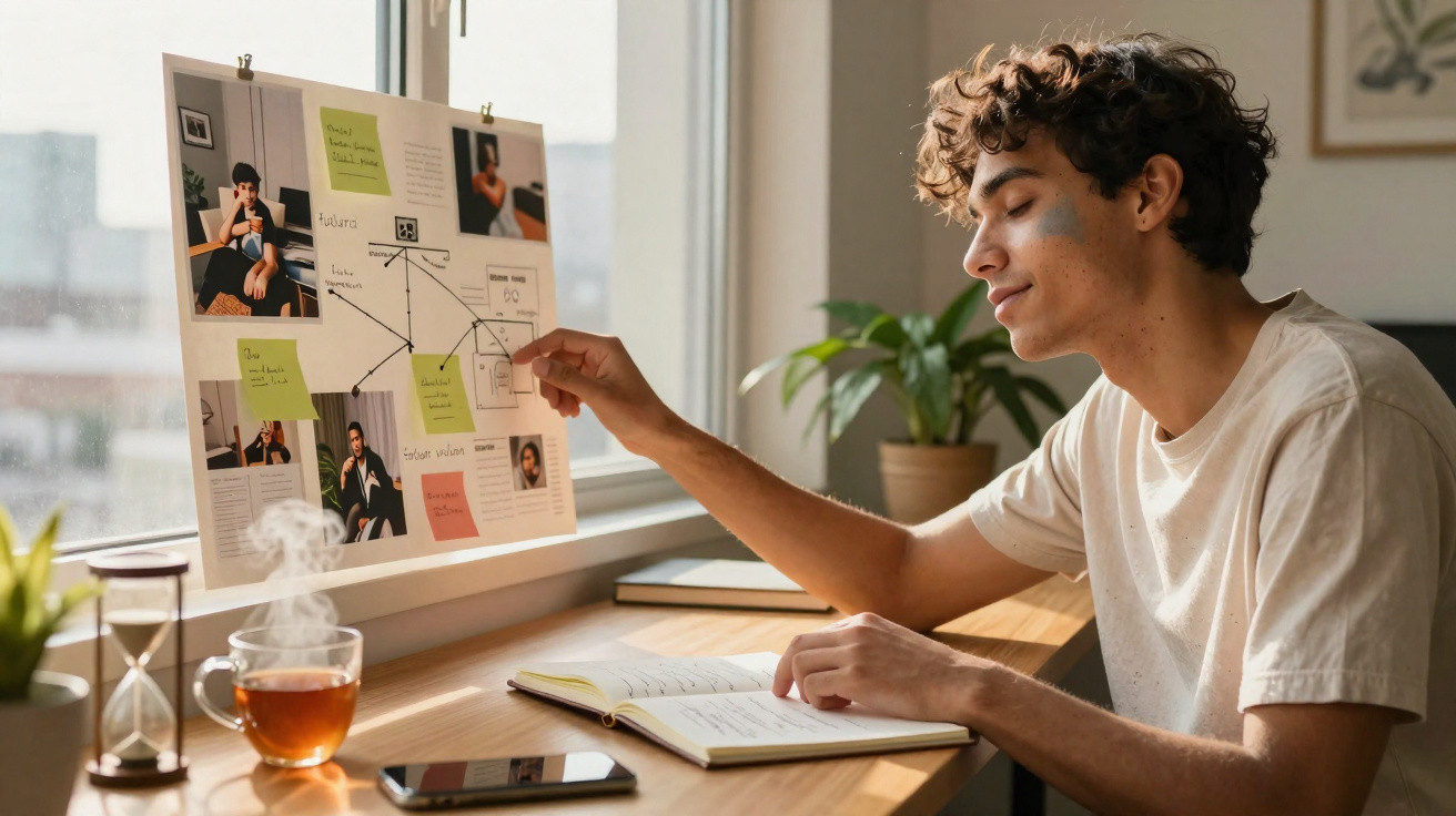 Jovem a estudar e a analisar um quadro de investigação com fotografias e notas em casa.