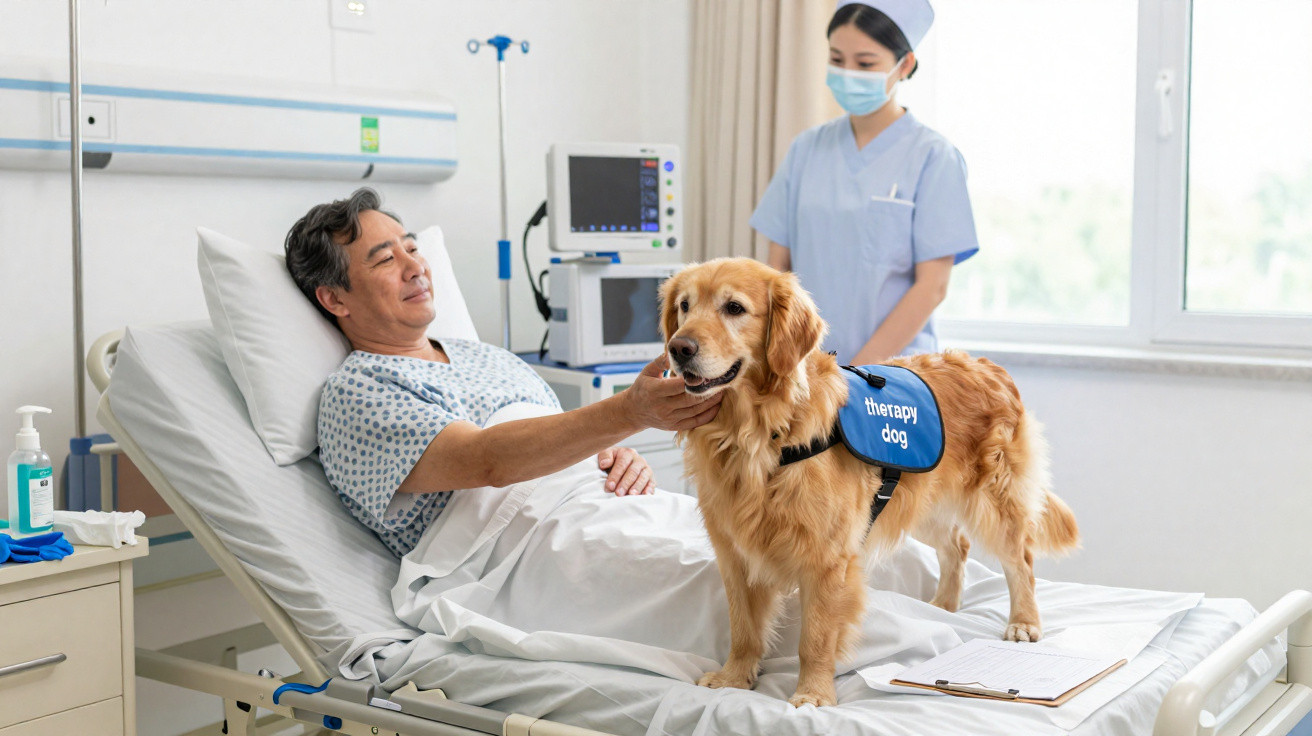 Paciente hospitalizado acaricia cão de terapia enquanto enfermeira observa com máscara.