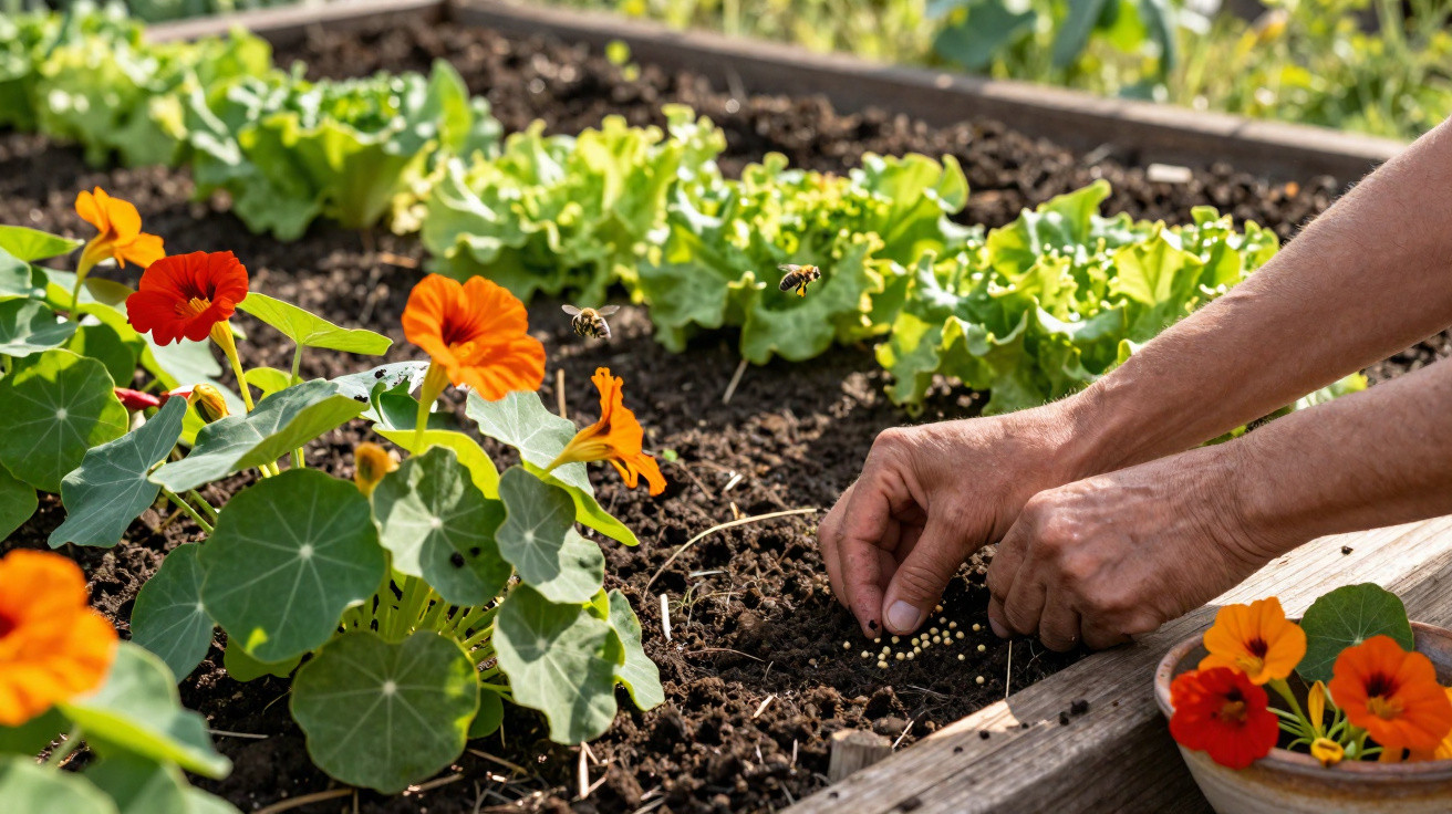 Mãos a semear sementes em solo de horta com flores laranjas e alface em cama elevada, com abelhas voando.
