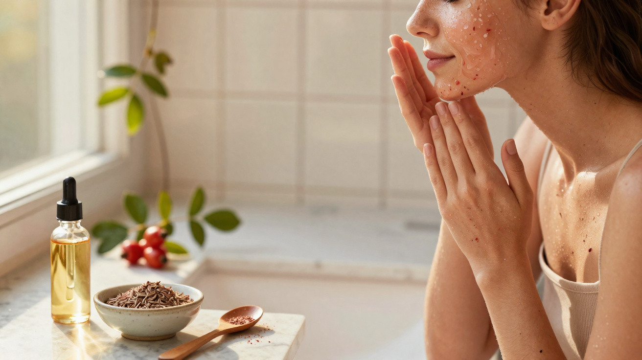 Mulher a aplicar esfoliante facial natural perto de janela com óleo e plantas numa bancada branca.