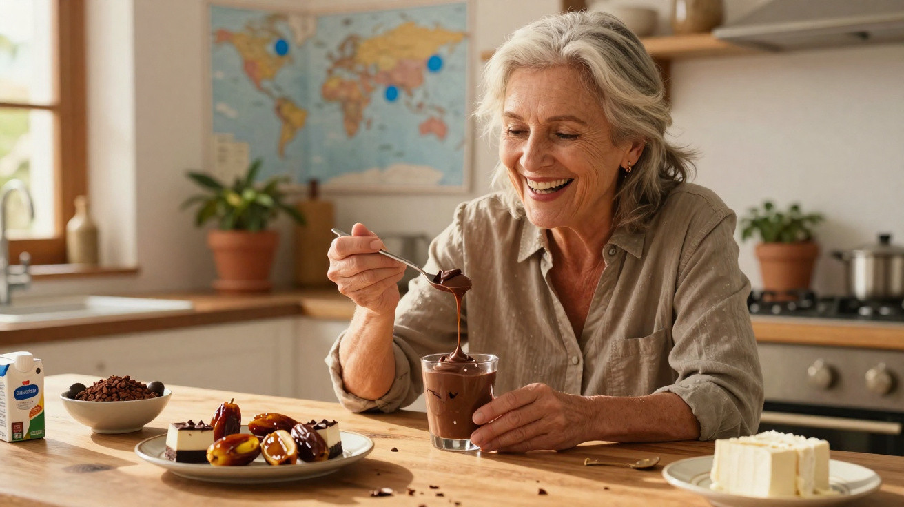 Mulher idosa sorridente a comer mousse de chocolate com sobremesas num ambiente acolhedor de cozinha.