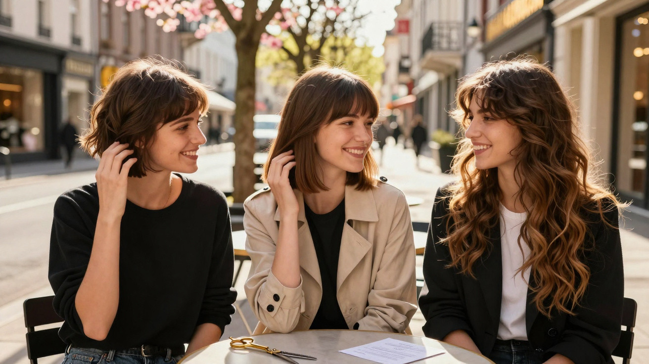 Três mulheres sorridentes sentadas numa esplanada urbana numa tarde soalheira.