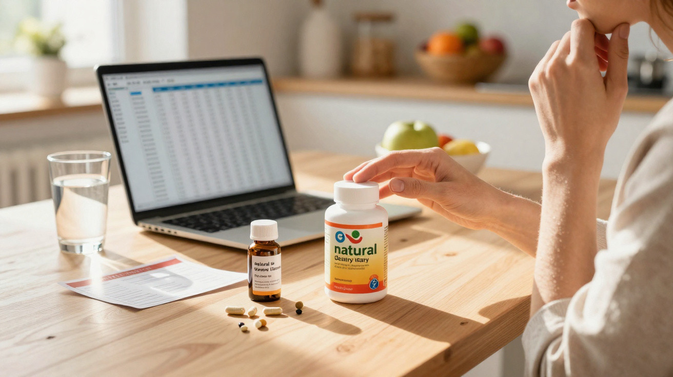 Pessoa a segurar frasco de suplementos naturais, com comprimidos na mesa e portátil aberto com gráficos.