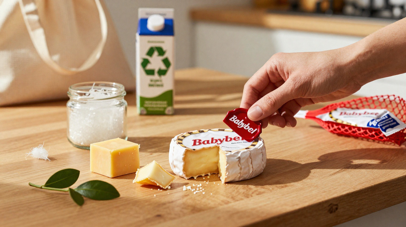 Mão a desembrulhar queijo Babybel redondo sobre mesa de madeira com queijo em cubos e jarro de velas.