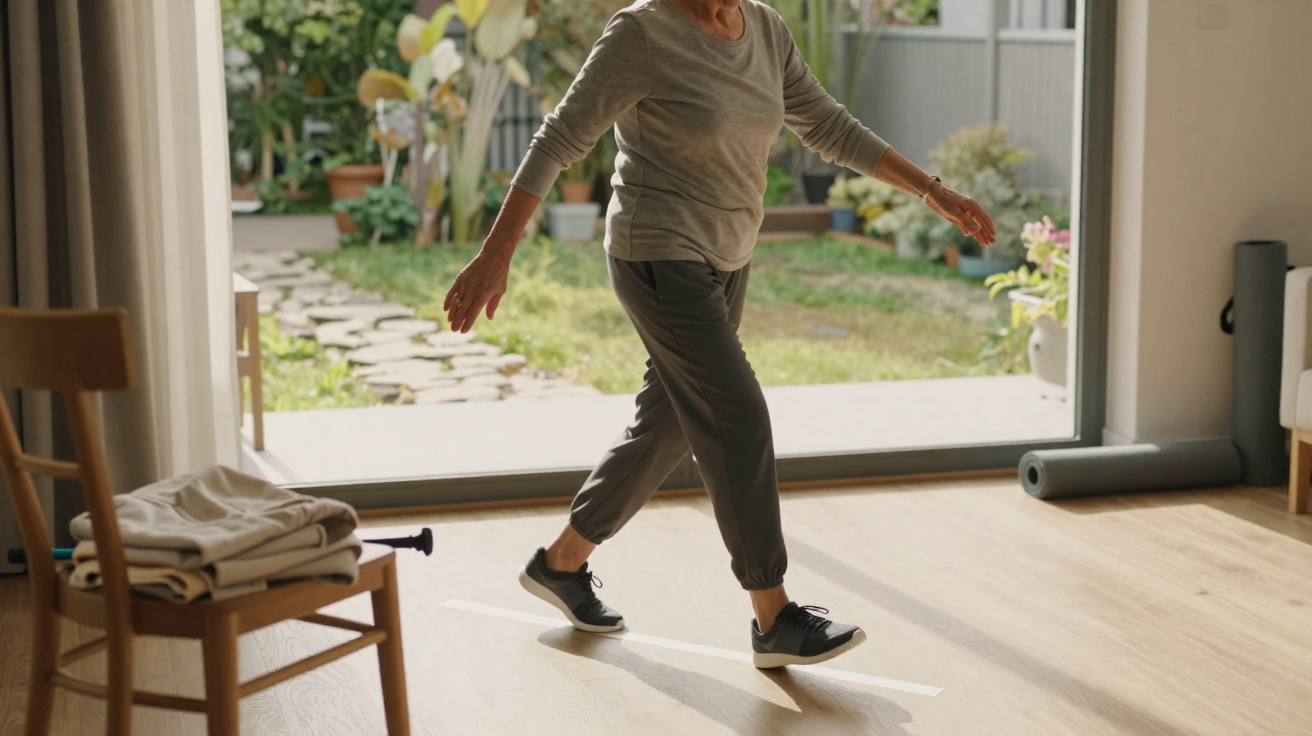 Pessoa idosa a fazer exercício de equilíbrio numa sala com vista para um jardim.