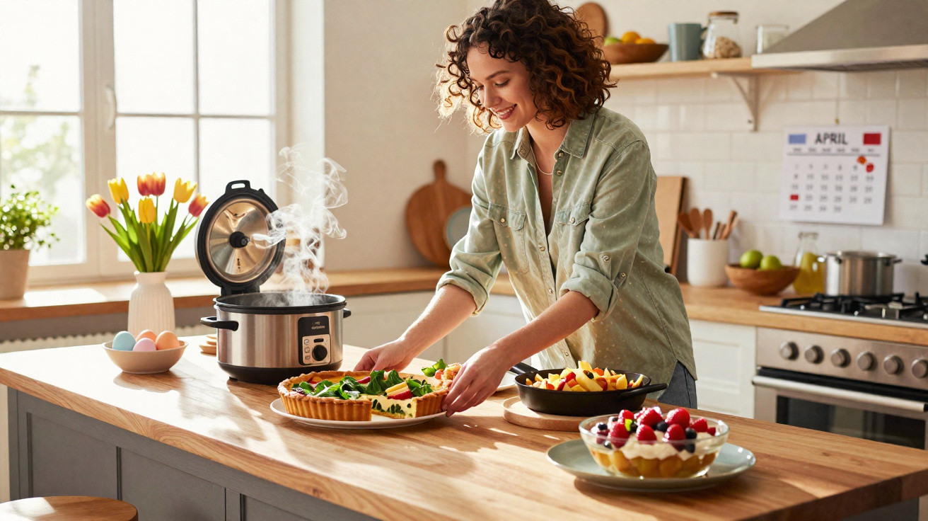Mulher sorridente a preparar refeições numa cozinha luminosa e moderna, com pratos coloridos e panela de pressão.
