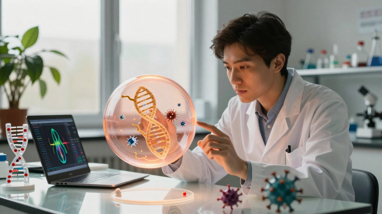 Cientista em laboratório a estudar modelo de DNA e vírus com computador e equipamento científico.