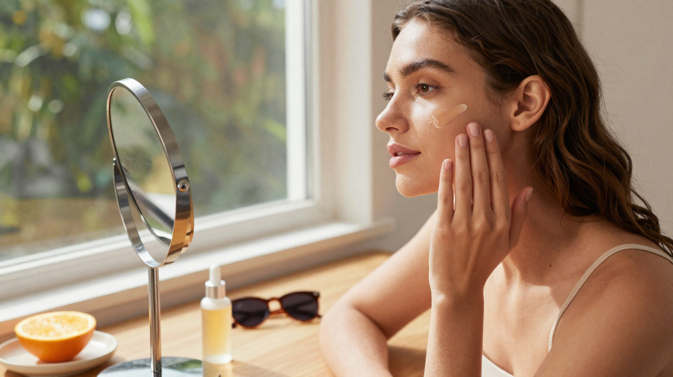 Mulher a aplicar creme facial junto a uma janela, com espelho e produtos de beleza numa mesa.