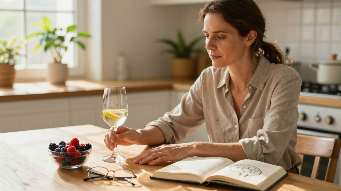 Mulher sentada à mesa na cozinha, segurando copo com bebida, ao lado de livro aberto e taça de frutas vermelhas.