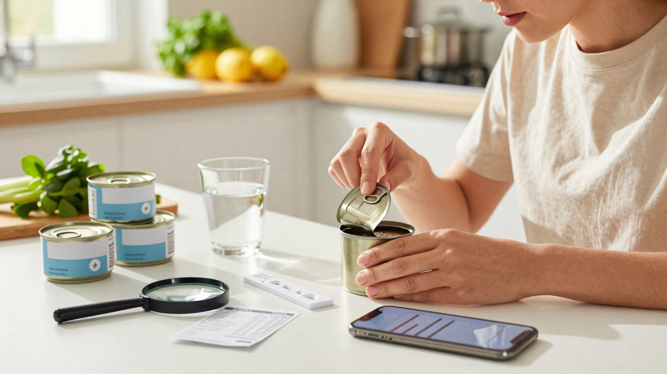 Pessoa abre uma lata de comida para animais na cozinha com smartphone, lupa e teste rápido na mesa.