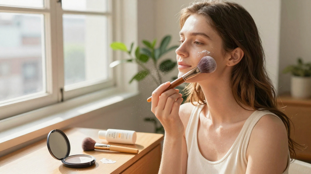 Mulher aplica pó compacto no rosto com pincel junto a janela e produtos de maquilhagem sobre móvel de madeira.