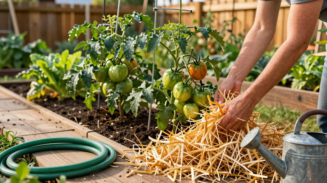 Pessoa a colocar palha em plantas de tomateiros verdes numa horta com regador e mangueira ao lado.
