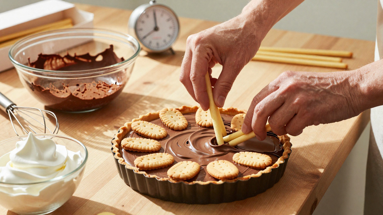 Mãos decoram tarte de chocolate com bolachas num tabuleiro, com tigelas de chantili e chocolate ao lado.