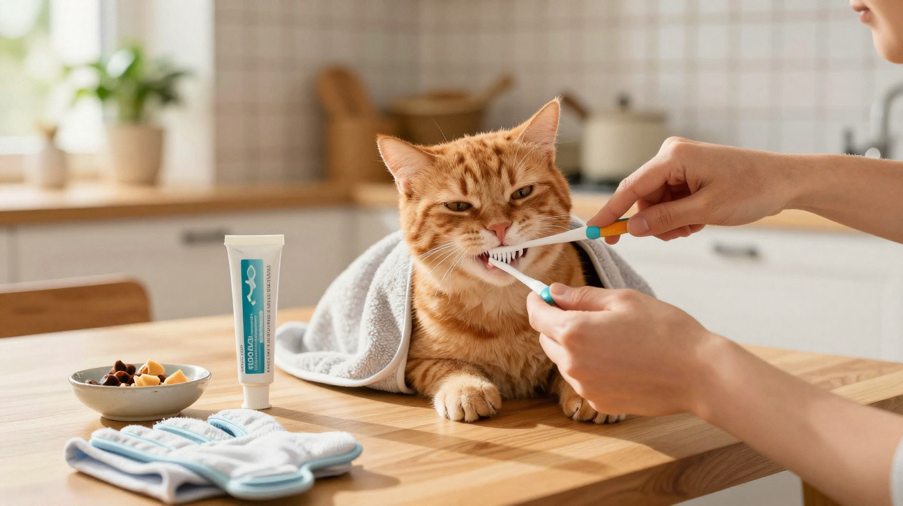 Gato ruivo enrolado numa toalha sentado na mesa enquanto pessoa lhe escova os dentes com escova e pasta próprias.