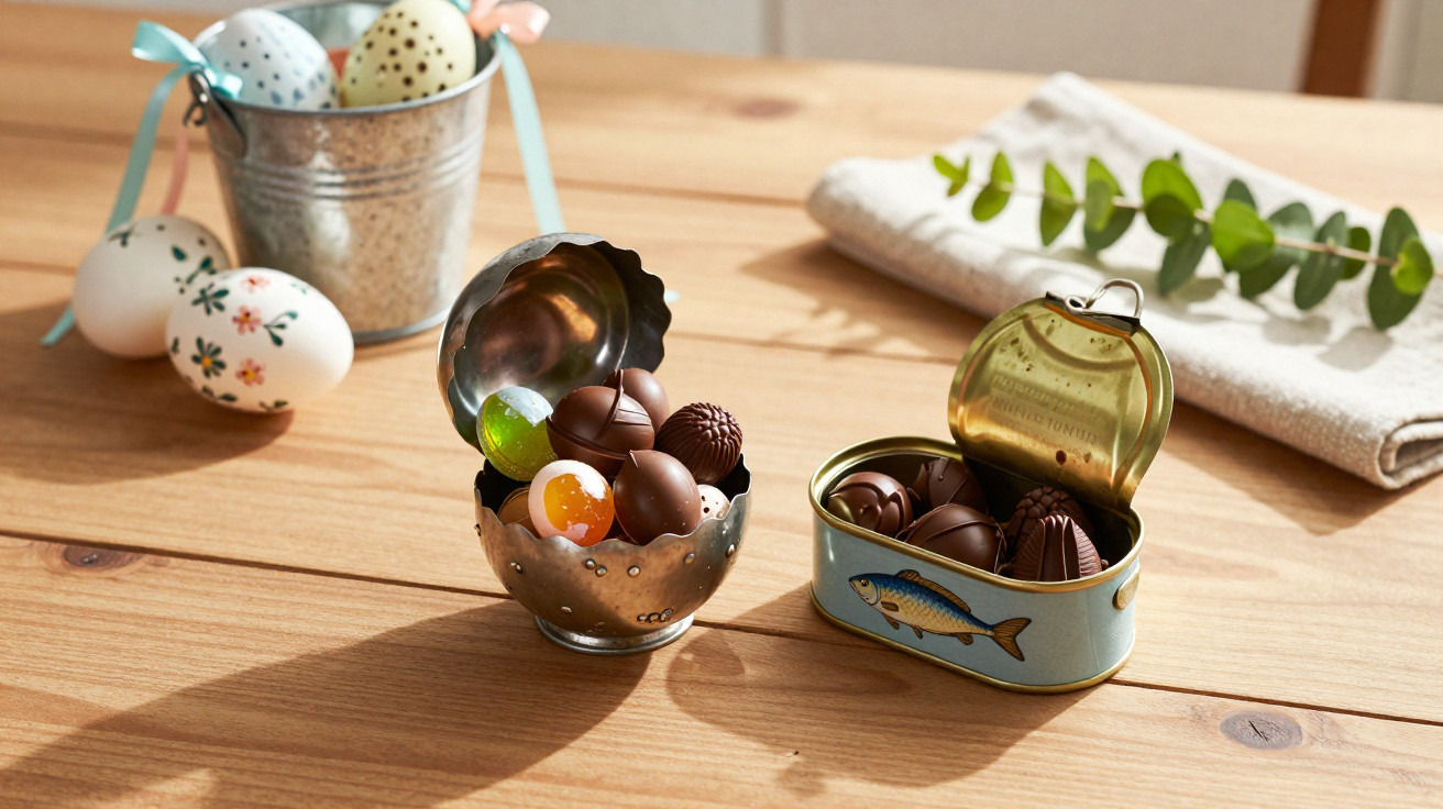Ovos de Páscoa decorados e bombons de chocolate em recipientes metálicos sobre uma mesa de madeira clara.