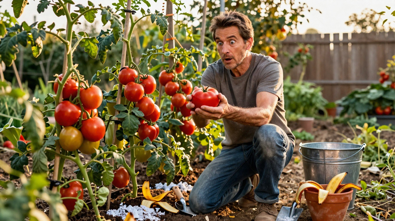 Homem surpreendido a colher tomate grande num jardim com plantas e ferramentas de jardinagem.