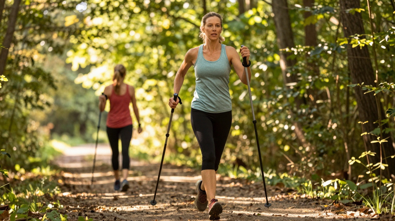 Duas mulheres praticam caminhada nórdica numa trilha rodeada de árvores com luz solar a filtrar pelas folhas.