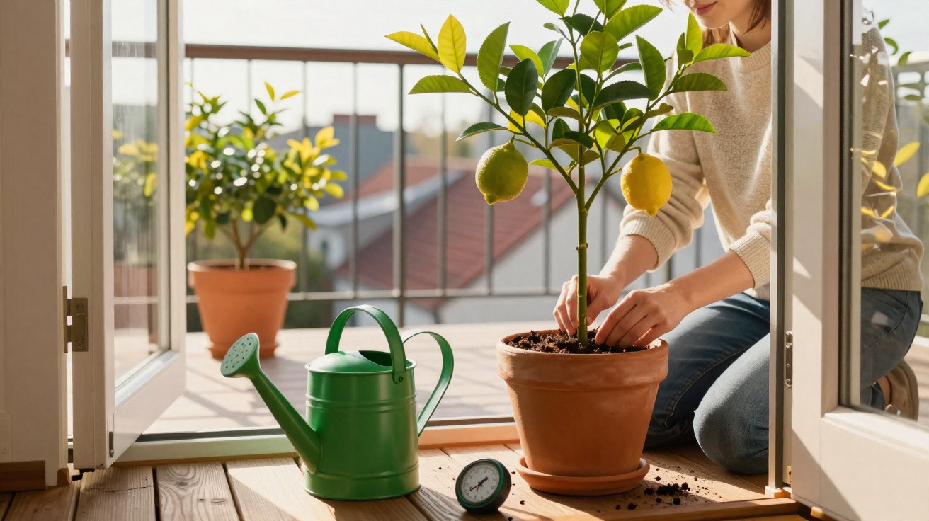 Pessoa a cuidar de uma planta de limoeiro num vaso num terraço com regador verde ao lado.