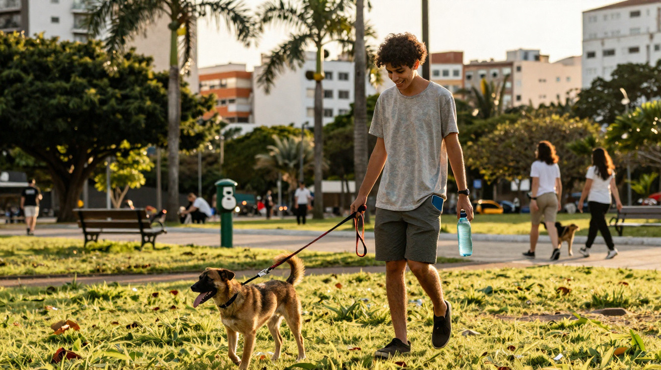 Jovem a passear um cão num parque urbano ao fim da tarde, com outras pessoas ao fundo.