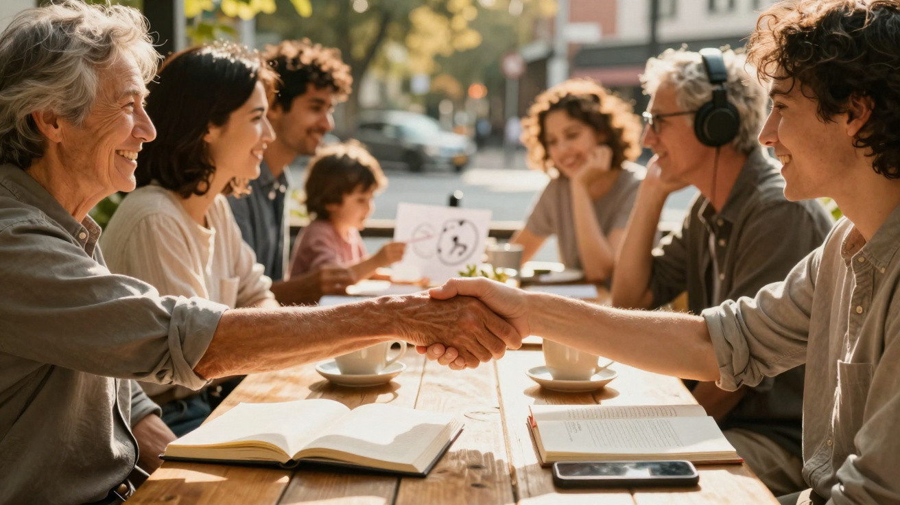 Grupo diversificado de pessoas a sorrir e a apertar as mãos numa mesa com livros e café ao ar livre.